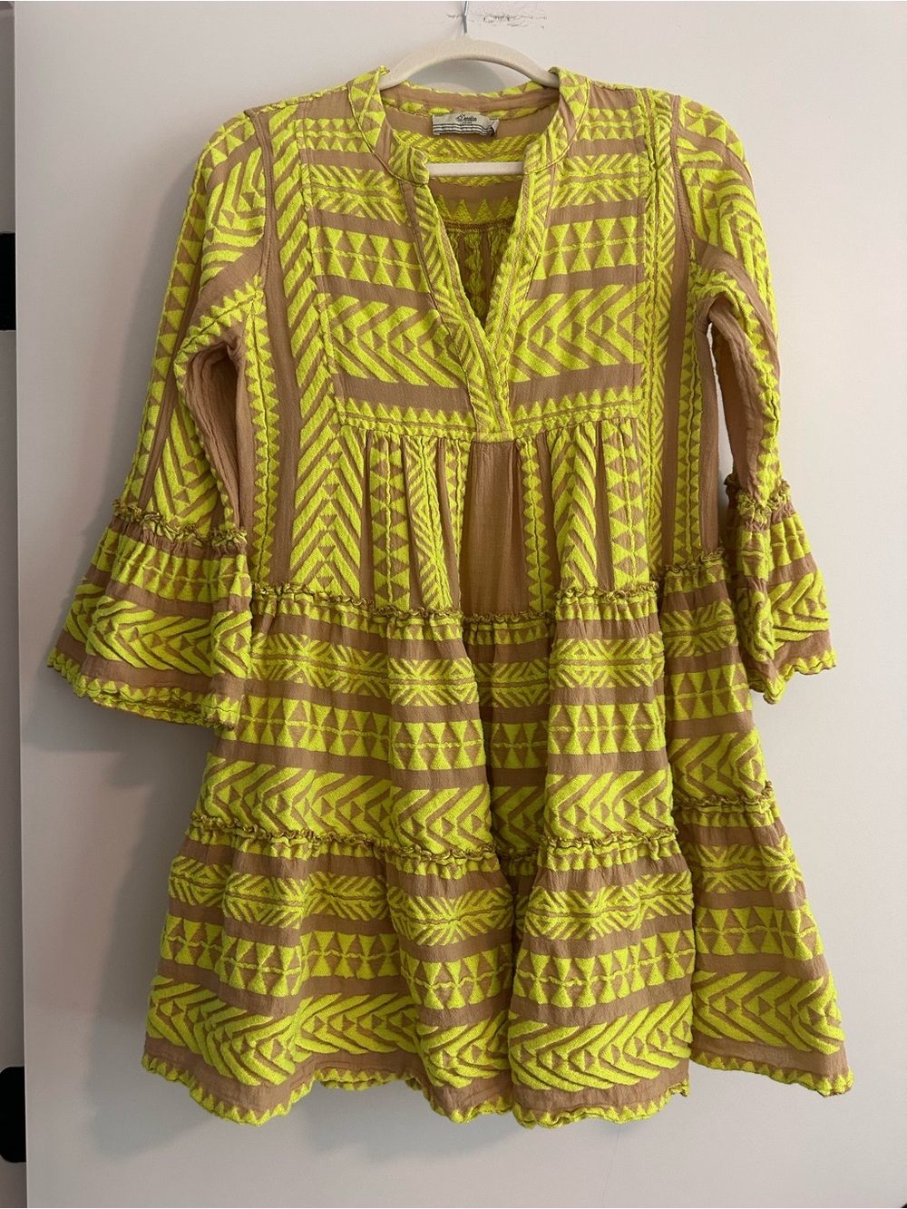 Devotion TWINS Neon Yellow & Tan Embroidered Mini Dress